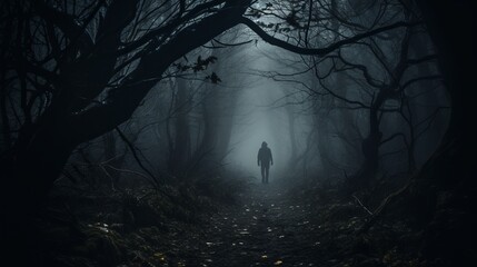 Spooky unknown one person man walking in dark forest - obrazy, fototapety, plakaty