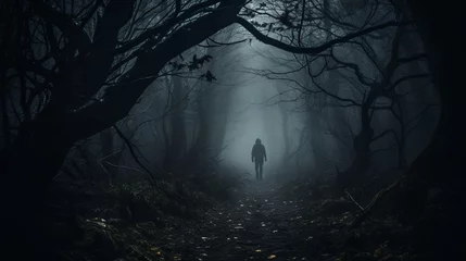 Fototapeten Spooky unknown one person man walking in dark forest © Denis