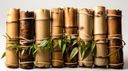 Bunch of dry bamboo sticks on white background, top view