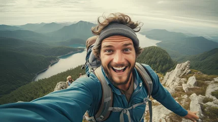 Young hiker man taking selfie portrait on the top of mountain - Happy guy smiling at camera - Tourism, sport life style and social media influencer concept © Sasint