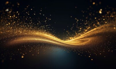 Fototapeta na wymiar Digital Gold Particles Wave and light abstract background with shining floor particle stars dust. Futuristic glittering Luxury golden sparkling on black, Generative AI