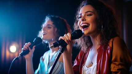 two smiling young student roommates playing karaoke. millennial female friends having fun together singing on streaming multimedia network game. entertainment and people concept - obrazy, fototapety, plakaty