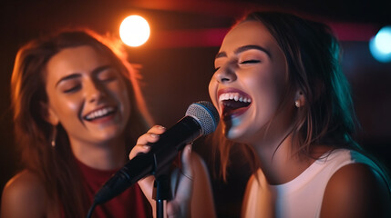 two smiling young student roommates playing karaoke. millennial female friends having fun together singing on streaming multimedia network game. entertainment and people concept - obrazy, fototapety, plakaty
