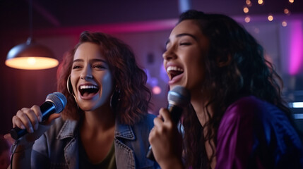 two smiling young student roommates playing karaoke. millennial female friends having fun together singing on streaming multimedia network game. entertainment and people concept