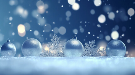 Fototapeta na wymiar Boules de Noël argentées posées sur la neige. Paysage hivernal, neige, flocon. Pour conception et création graphique.