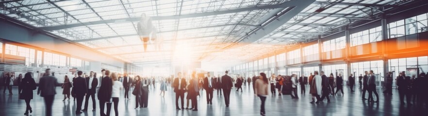 blurred business people at a trade fair or walking in a modern hall, Generative AI