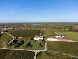 Aerial view on left bank of Gironde Estuary with green vineyards with red Cabernet Sauvignon grape...
