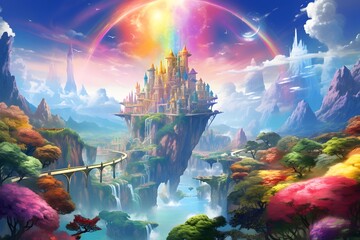 Fantasy landscape with castle on the lake and rainbow in the sky