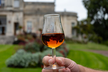 Tasting of Cognac strong alcohol drink in Cognac region, Charente with view on ols houses and...