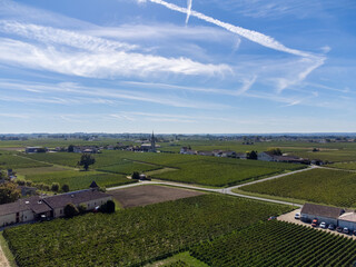 Aerial view on rows of Merlot red grapes in Saint-Emilion wine making region in Pomerol,  right...