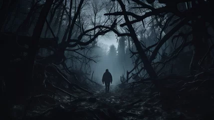 Rolgordijnen Spooky unknown one person man walking in dark forest © Denis