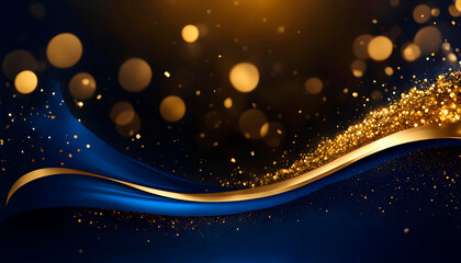 Fototapeta na wymiar Golden shiny particles on a dark blue background for the design of New Year and Christmas greetings.