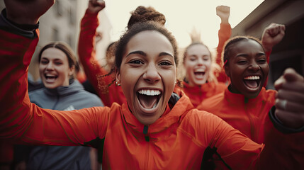Young team of female athletes standing together and screaming in excitement. Diverse group of runners enjoying victory. - obrazy, fototapety, plakaty