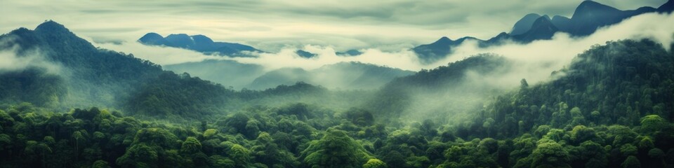 Foggy landscape in the jungle. Fog and cloud mountain tropic valley landscape. aerial view, wide misty panorama, Generative AI - obrazy, fototapety, plakaty