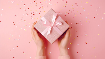 Womans hands holding gift or present box decorated confetti on pink pastel table top view. Composition for Christmass - obrazy, fototapety, plakaty