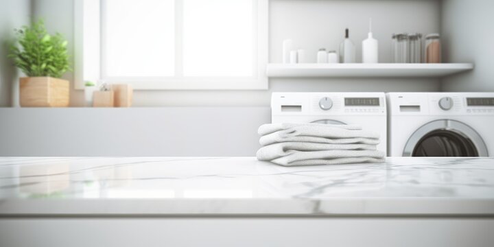 White blurry home laundry room with modern washing machine and empty marble table top. Blank space for product display. digital art, Generative AI