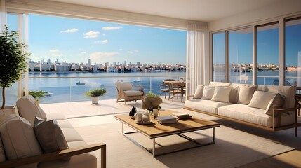 Panorama of modern living room with sea view. 3d rendering