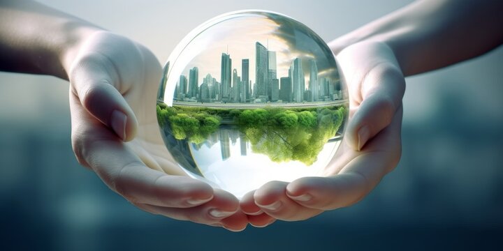 Hand holding a glass globe with a city in it. Concept of a eco green city. Green energy, ESG, renewable resources. Caring for environment. People's hands around the globe. Earth day, Generative AI