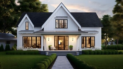 3d rendering of modern cozy house in the garden with garage. - obrazy, fototapety, plakaty