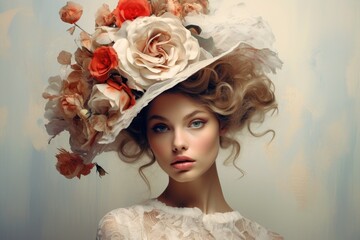 Beautiful woman model with colorful flowers hat