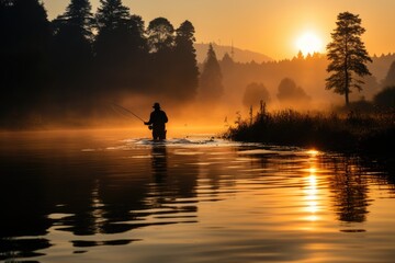 Fishing, a fisherman with a fishing rod on the shore of a lake or pond catches fish. Peaceful morning dawn and silence, fishing for perch crucian carp with bait, leisure hobby - obrazy, fototapety, plakaty