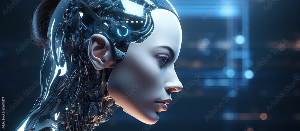 Poster ai humanoid robot in a futuristic digital world with augmented reality nfts and vpns with copyspace 