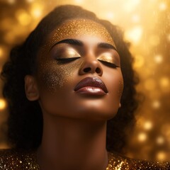 Fictitious AI Generated African American woman in gold on golden sparkling background, girl in golden dress. Luxury and premium photography for advertising product design.