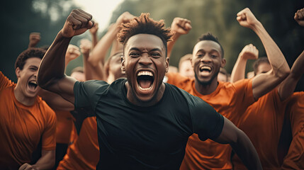 Young team of male athletes standing together and screaming in excitement. Diverse group of runners enjoying victory.