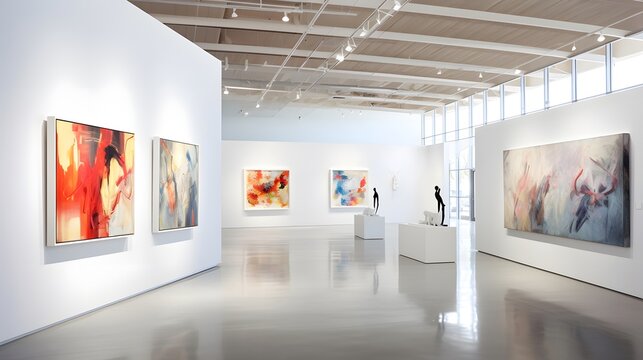 Panoramic view of modern art gallery interior with paintings. 3D rendering