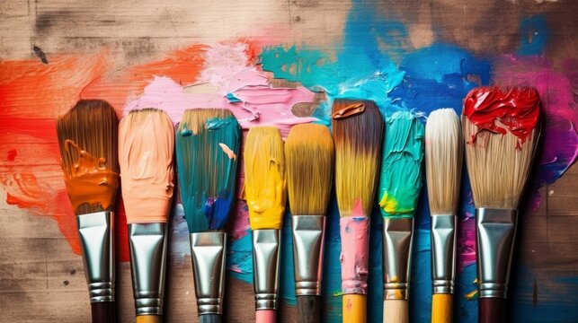 Row of artist paintbrushes closeup on artistic wooden background. Brushes with colorful paints, Generative AI