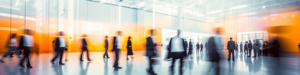 blurred business people walking at a trade fair, conference or walking in a modern hall, Generative AI