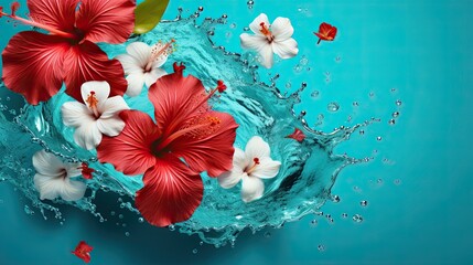 Dynamic swirls of vibrant hibiscus and jasmine flowers on a turquoise backdrop, bringing forth a...