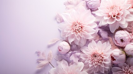 Faint imprints of peonies and chrysanthemums on a pale pink canvas, creating a dreamy ambiance with soft blush, lavender, and mint tones. Wedding, jewel, fashion, glamour event background.  - obrazy, fototapety, plakaty