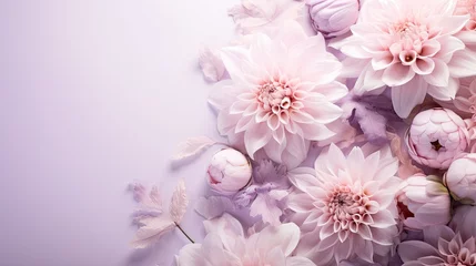 Raamstickers Faint imprints of peonies and chrysanthemums on a pale pink canvas, creating a dreamy ambiance with soft blush, lavender, and mint tones. Wedding, jewel, fashion, glamour event background.  © Dannchez