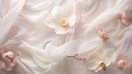 Translucent petals of orchids and magnolias on a sheer fabric surface, capturing the fragility and beauty of nature in shades of white, pale pink, and soft green. - obrazy, fototapety, plakaty