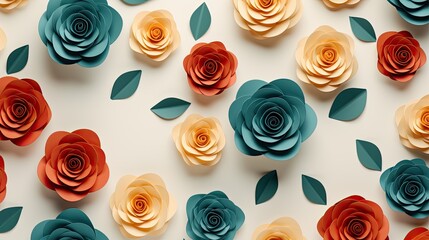 Vintage rose patterns combined with bold geometric shapes on a cream background, with a palette of mustard yellow, teal, and burnt orange.