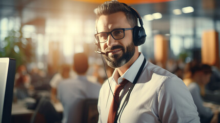 Obraz premium Telephone hotline, male employee man with headset in call center gives support by phone in front of a computer, online meeting | Generative AI