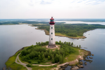 Aerial view of the Lighthouse on the island in summer, Landscape - obrazy, fototapety, plakaty