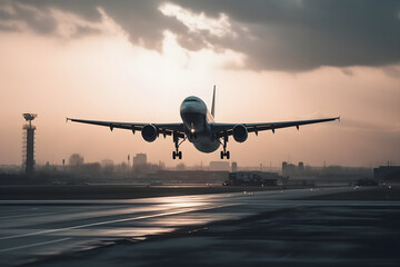 Fototapeta premium Airplane landing at the airport in the rays of the setting sun with copyspace, for poster, banner background