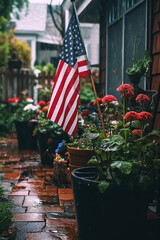 American flag in the rain. Memorial day, independence day