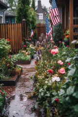 Fototapeta na wymiar American flag in the rain. Memorial day, independence day