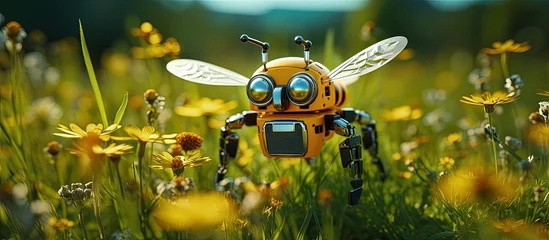 Fotobehang A robotic bee designed to pollinate plants and flowers flying over a meadow with daisies and green grass with copyspace for text © 2rogan