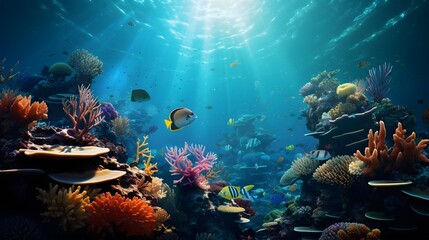 Fototapeta na wymiar Underwater panorama of coral reef and fish. Underwater world.