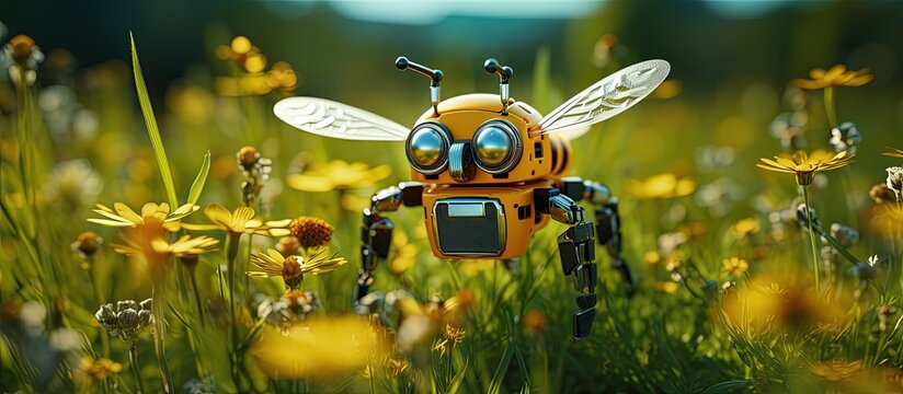 A robotic bee designed to pollinate plants and flowers flying over a meadow with daisies and green grass with copyspace for text