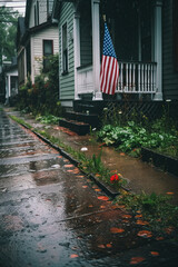 American flag in the rain. Memorial day, independence day