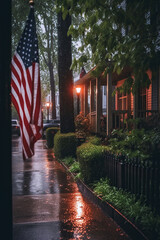 American flag in the rain. Memorial day, independence day