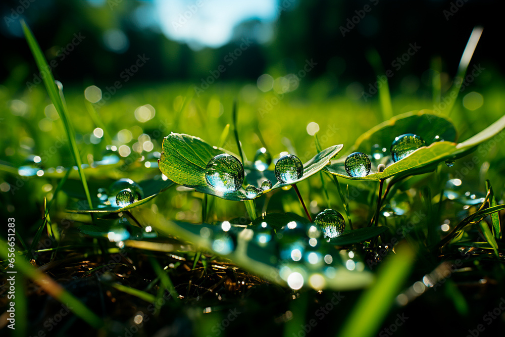 Wall mural green grass with water drops on the ground