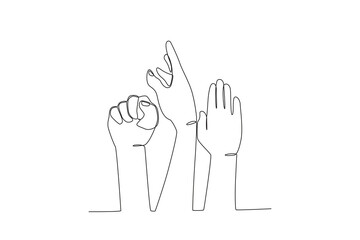 Three hands fight for equality. Human rights day one-line drawing