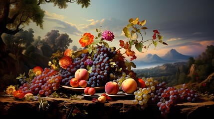 Obraz na płótnie Canvas Still life with grapes and mountain in the background - panoramic