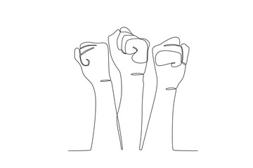 Hands clenched upwards fighting for equality. Human rights day one-line drawing